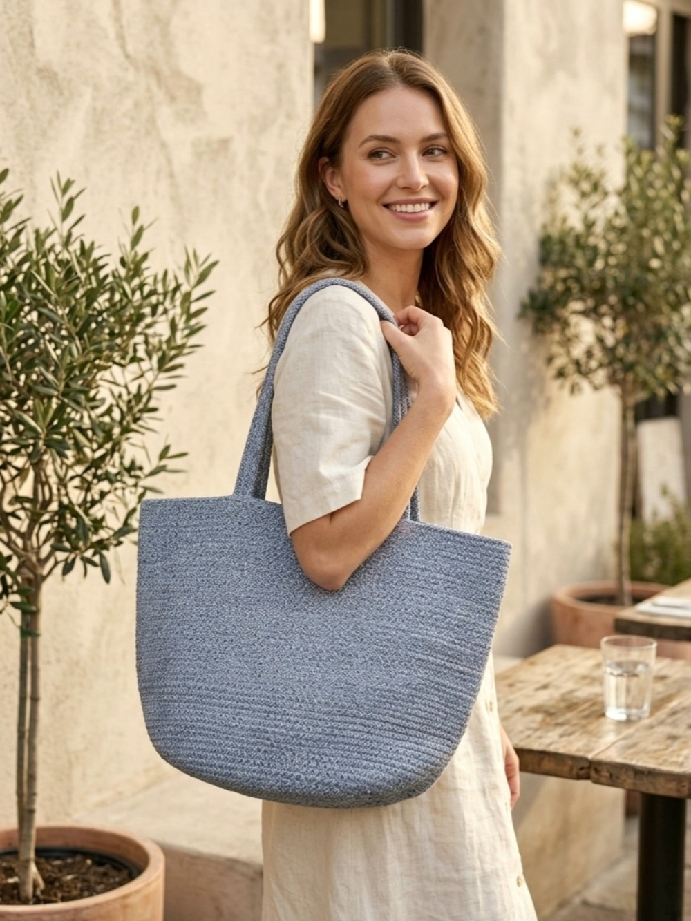 Bloomingdale's Light Blue Woven Tote Bag NWT